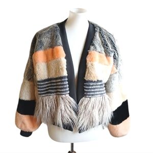 Young Fabulous & Broke Cropped Faux Fur Coat Gray, Pink and Black Bomber Jacket